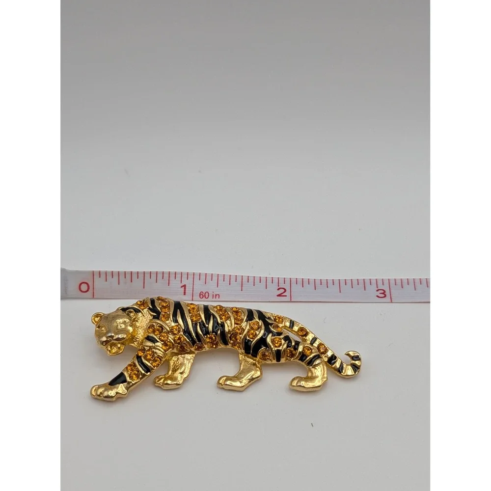Vintage Tiger Panther Brooch Pin Gold Tone Black Enamel Amber Rhinestone Big Cat